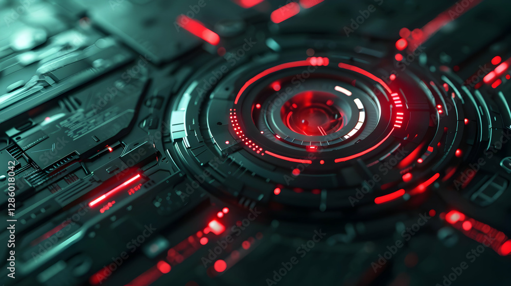 Poster abstract futuristic technology background with intricate patterns and glowing red accents