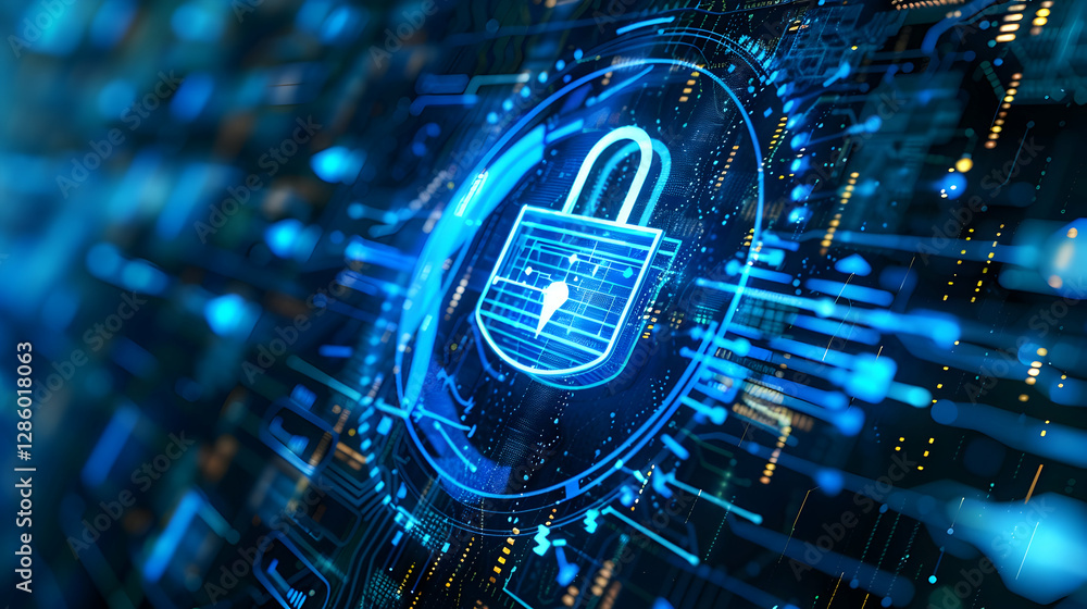 Poster digital representation of a secure lock symbolizing cybersecurity in a high-tech environment