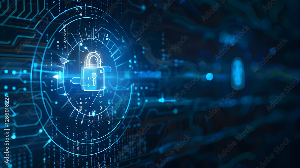 Poster digital security concept with glowing padlock and circuit patterns in a high-tech environment
