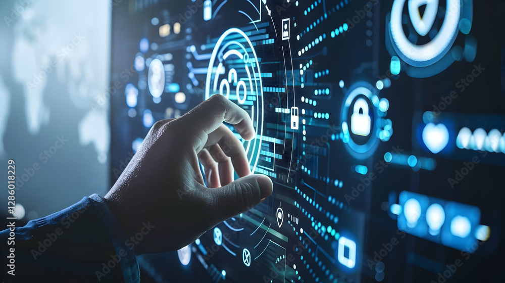 Poster futuristic hand interacting with a digital interface displaying security icons and data