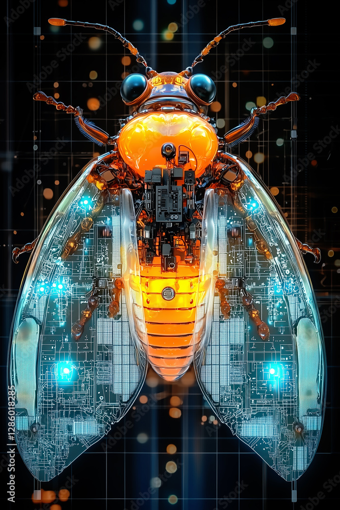 Poster futuristic robotic insect with cybernetic design and glowing technology in high tech digital setting