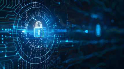 Digital security concept with glowing padlock and circuit patterns in a high-tech environment