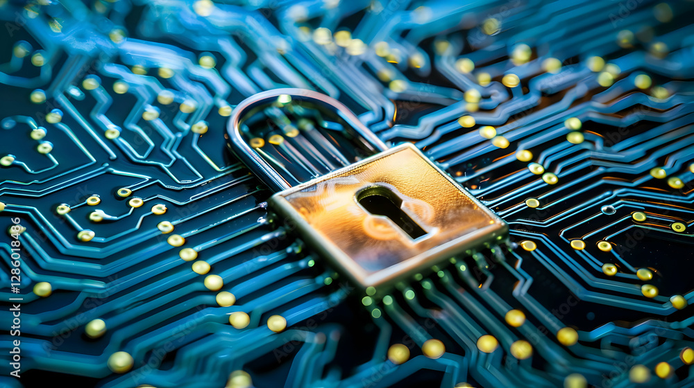 Poster close-up of a padlock on a circuit board symbolizing cybersecurity and digital protection