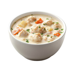 Creamy Chicken Soup with Vegetables and Herbs in a White Bowl on a Solid Background