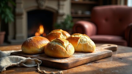 Golden-brown baked goods arranged on rustic wooden board near a cozy fireplace
