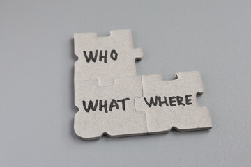 Puzzle concepts. The words WHO, WHAT, WHERE.