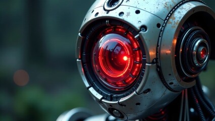 Close-up of a weathered robotic head with a glowing red optical sensor
