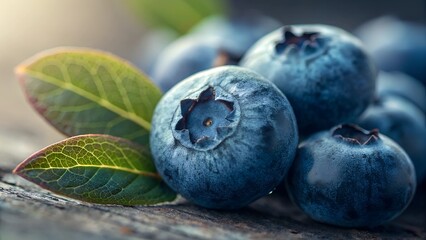 Obraz premium Fresh Blueberries: Close-up shot of fresh blueberries with vibrant, juicy berries, leaves and showing the healthy and natural fruit, perfect for conveying freshness and deliciousness.