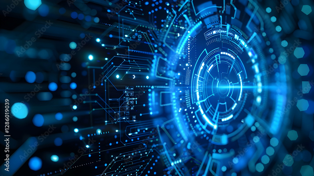 Poster Futuristic digital interface with glowing circuitry and data patterns in a high-tech environment