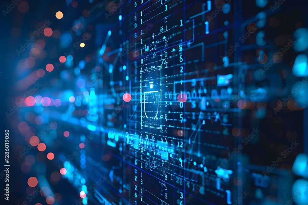Poster abstract digital data flow with glowing lines and shapes, representing technology and security conce