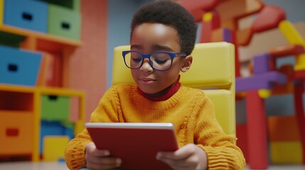 A young student with autism using a tablet in a sensory-friendly classroom designed for various learning needs.