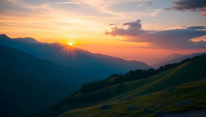 Obraz premium Majestic Mountain Sunset Breathtaking Landscape Panorama Nature Scenery View