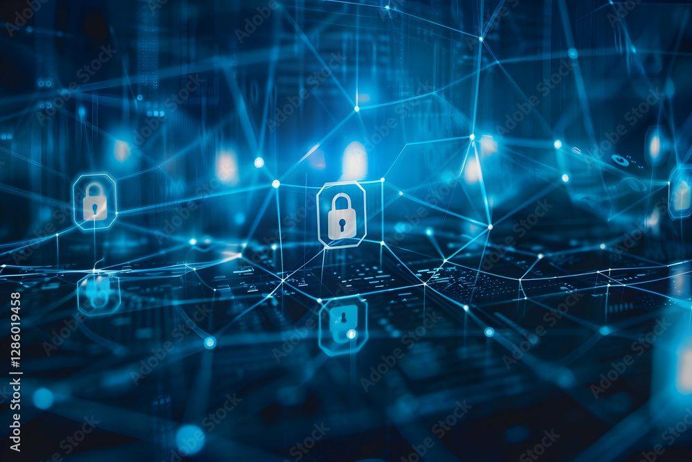 Poster digital network security concept with glowing locks and data connections in a futuristic environment