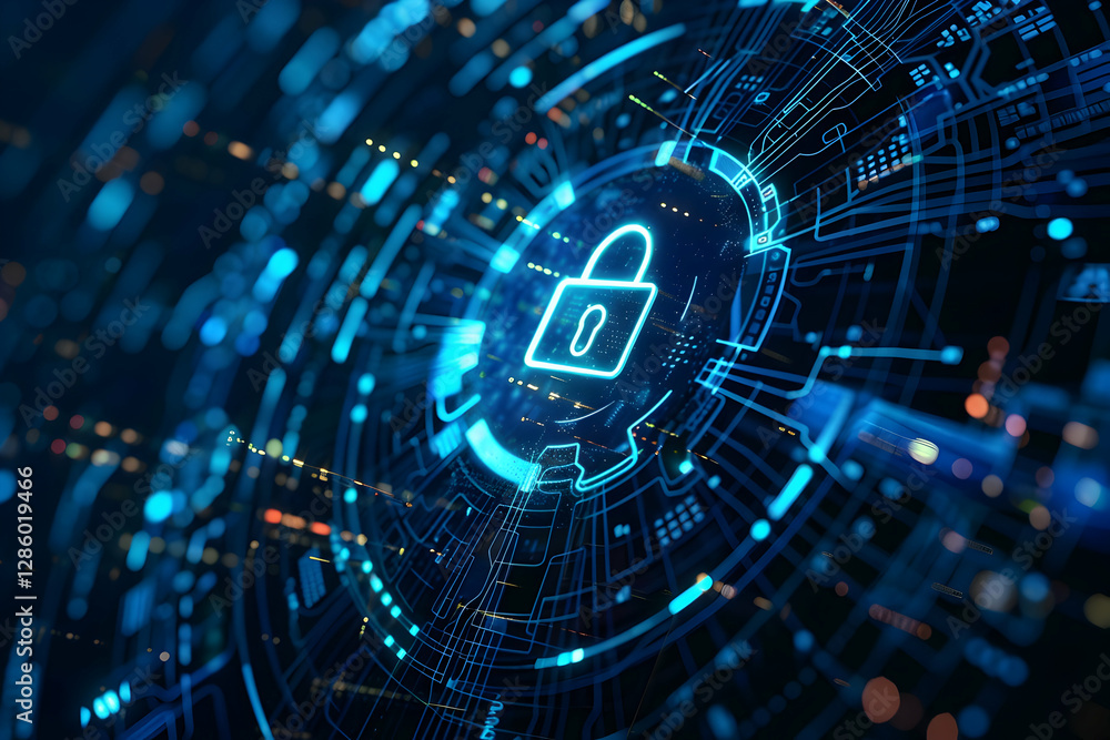 Poster digital lock symbolizing cybersecurity in a futuristic technological environment