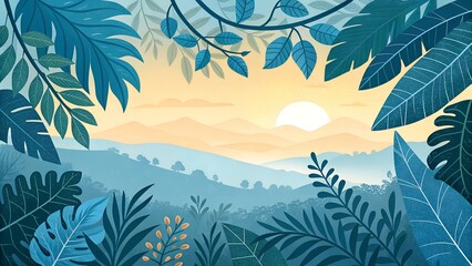 Jungle View: Tranquil morning scene showcasing lush tropical leaves framing distant mountains and a rising sun, offering a sense of serenity and natural beauty.