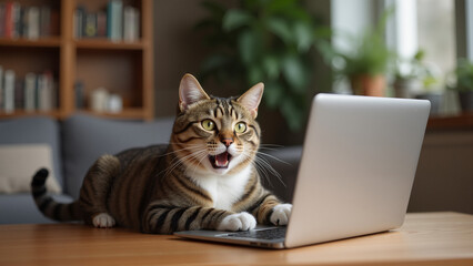 Surprised Tabby Cat Reacting to Laptop in a Cozy Home Setting