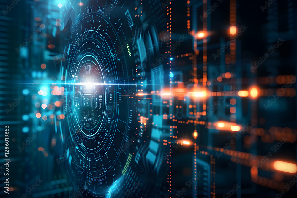 Poster futuristic digital interface with glowing circles and data streams in a cybernetic environment