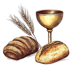 A minimalist yet elegant illustration of a Eucharistic chalice with a smooth golden surface, accompanied by a rustic loaf of bread and a detailed bundle of wheat, transparent background, PNG