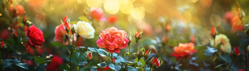 Pink rose garden warm sunlight bokeh vibrant botanical seasonal summer.