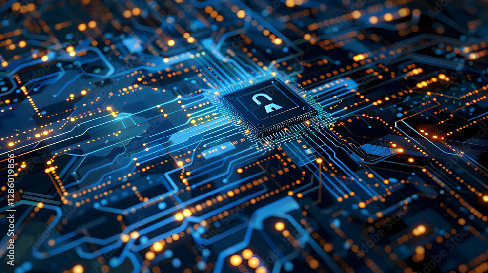 Poster close-up of a computer chip on a circuit board with glowing connections and data flow