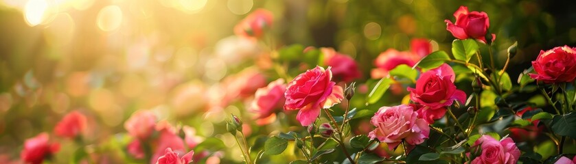 Pink rose garden warm sunlight bokeh vibrant botanical elegance.