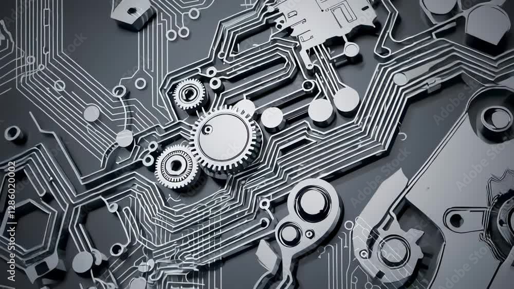 Aufkleber Metallic gears rotating on a circuit board with visible connections and components create a complex engineering scene, presented in slow motion