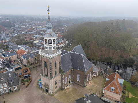 Aerial drone photo of the Grote kerk, which is a church in Almelo the Netherlands.