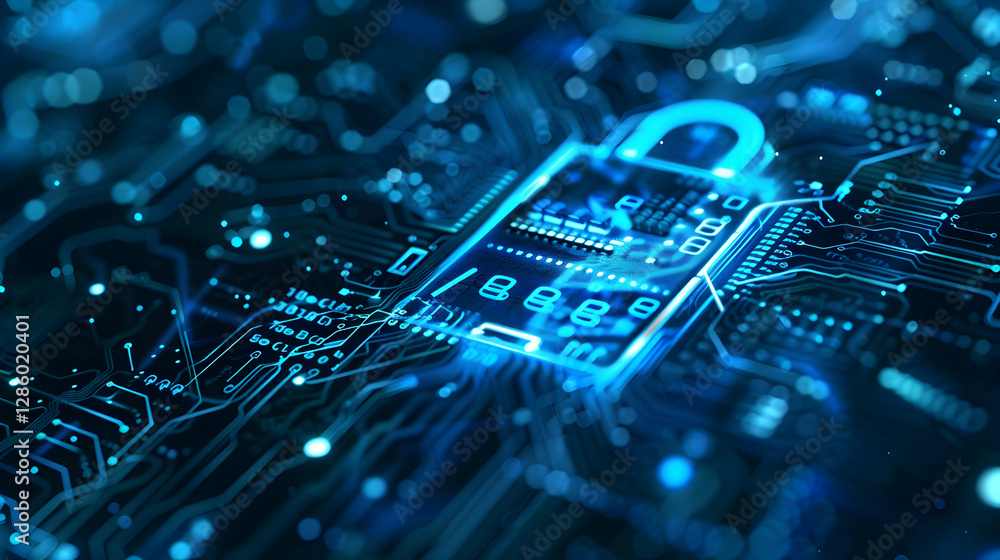 Poster abstract representation of a digital padlock on a circuit board, symbolizing cybersecurity and techn