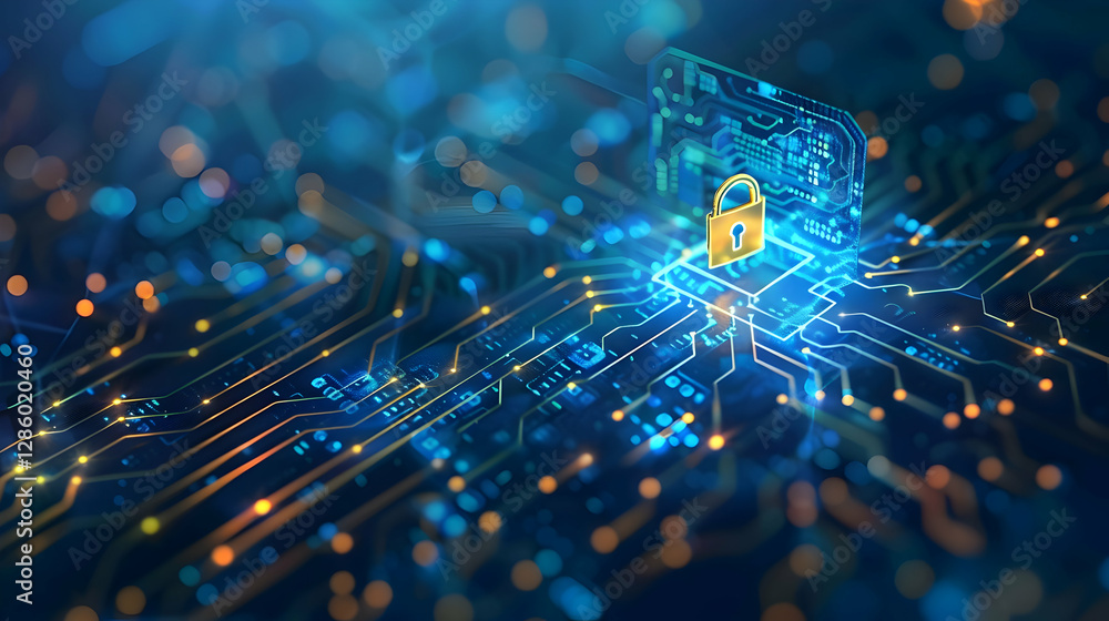 Poster digital security concept with a padlock on a circuit board background illustrating cybersecurity