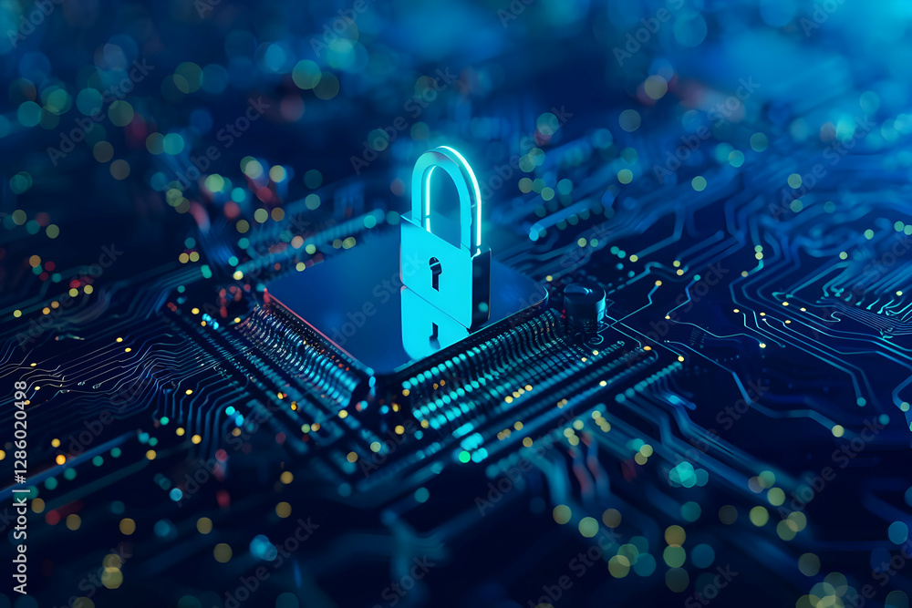 Poster a glowing padlock symbolizing digital security on a circuit board background with vibrant lights