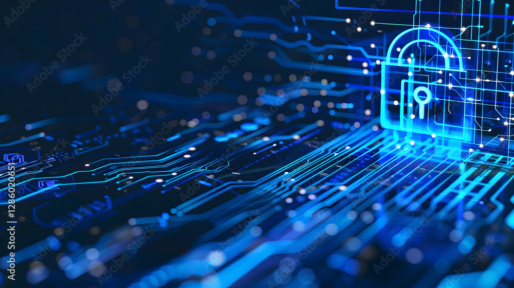 Poster abstract digital background featuring a glowing padlock symbol on a circuit board design