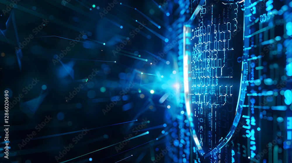 Poster abstract digital shield representing cybersecurity with glowing data streams in the background