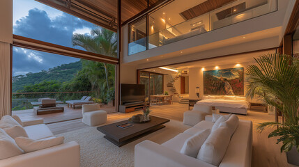 Luxury Living: An expansive modern home boasts high ceilings and panoramic views, seamlessly blending indoor and outdoor spaces with a sophisticated touch
