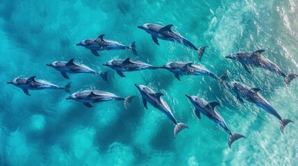 Fototapeta premium Aerial view of dolphins swimming in turquoise ocean (1)