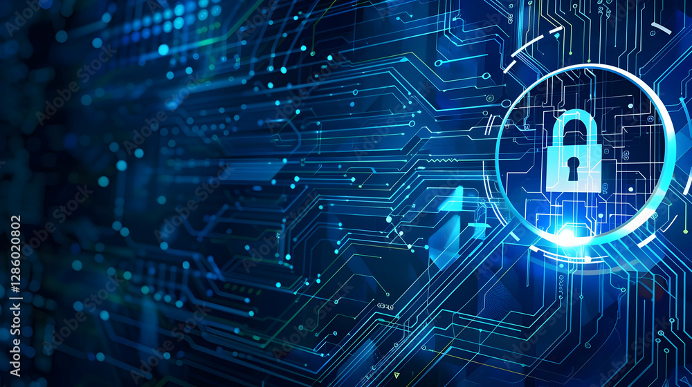 Poster abstract digital security background featuring a lock symbol amidst circuit patterns and glowing ele