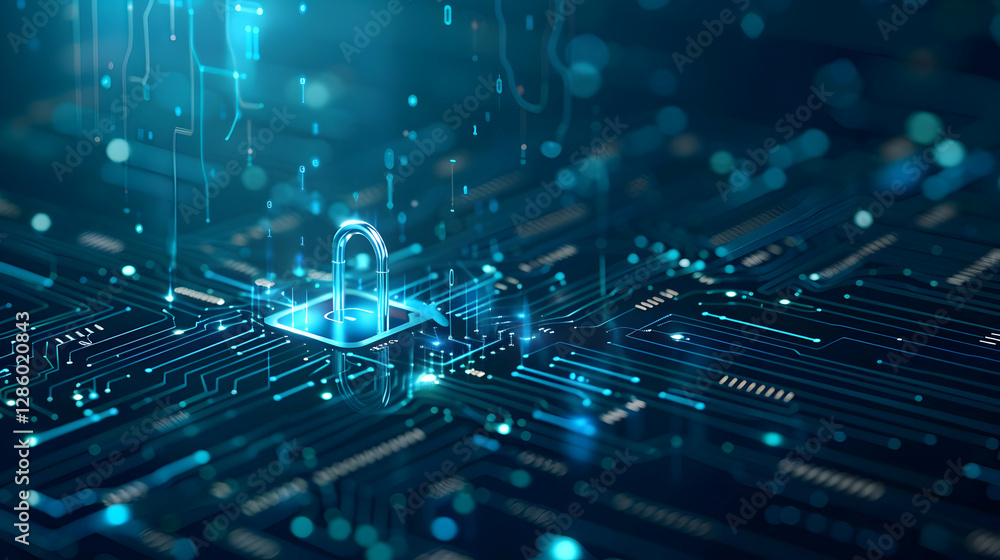Poster digital lock symbolizing cybersecurity on circuit board with glowing data streams