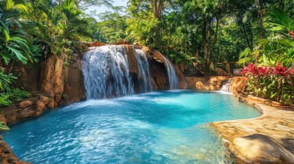 Fototapeta premium Serene Waterfall Oasis: Tropical Paradise Retreat
