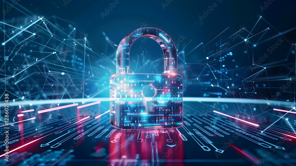 Poster digital padlock symbolizing cybersecurity with data streams and abstract technology backdrop