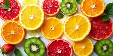 Vibrant Citrus and Kiwi Slices Arranged in a Colorful and Appealing Pattern for a Refreshing and Healthy Visual