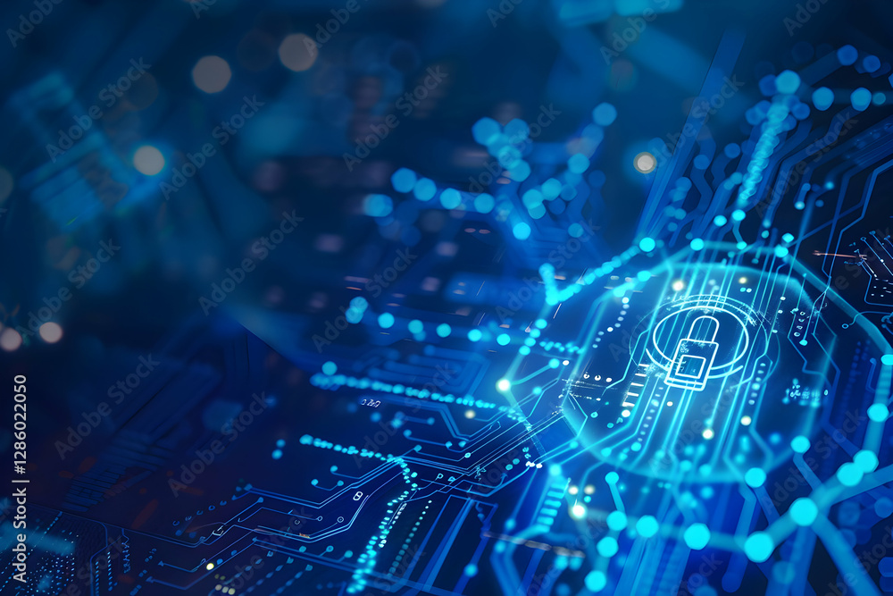 Poster abstract digital circuit board with glowing blue lines and a padlock symbolizing cybersecurity