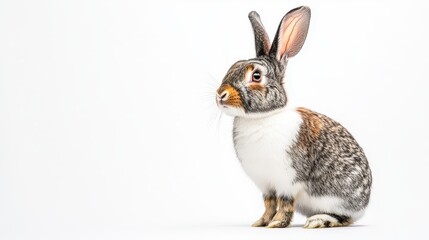 Obraz premium Cute gray rabbit sitting on white background, looking curious and attentive.