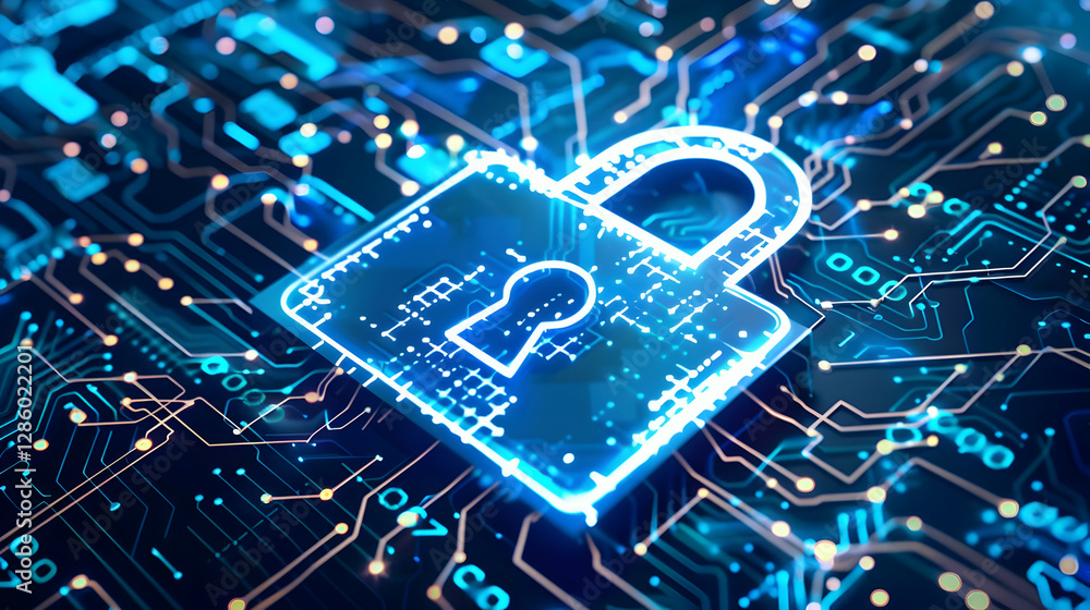 Poster digital padlock symbolizing cybersecurity on a circuit board background with glowing elements