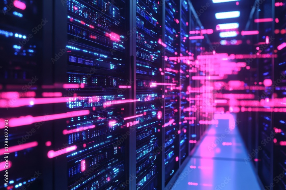 Poster vibrant server room filled with cascading light patterns showcasing cutting-edge technology and digi