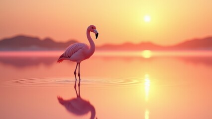 Baby flamingo, A baby flamingo stands in shallow pink water under a warm sunset viewed from the front glowing with golden light.