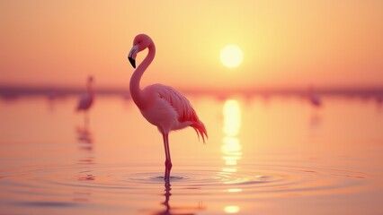 Fototapeta premium Baby flamingo, A baby flamingo stands in shallow pink water under a warm sunset viewed from the front glowing with golden light.