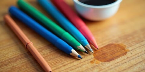 Obraz premium Colorful Pencils and Pen Arranged on Wooden Surface Near a Small Bowl