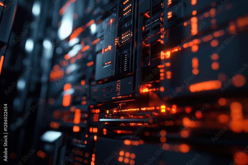Poster illuminated circuitry and digital patterns create an energetic atmosphere in a futuristic tech envir