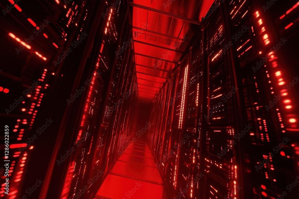 Poster digital corridor illuminated by vibrant red lights showcasing advanced technology in a futuristic da