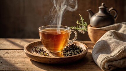 A steaming cup of herbal tea sits on a wooden tray, its delicate aroma filling the air. Soft linens and a cozy atmosphere create a warm atmosphere. Warm tones and soft lighting create relaxation.