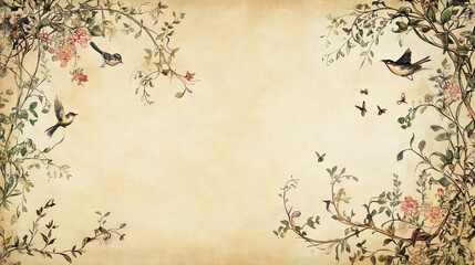 An ornate illuminated manuscript-style border birds intricate medieval botanical floral vines parchment background cottagecore rich colors, delicate fairy-tale motifs elegant calligraphy copy space
